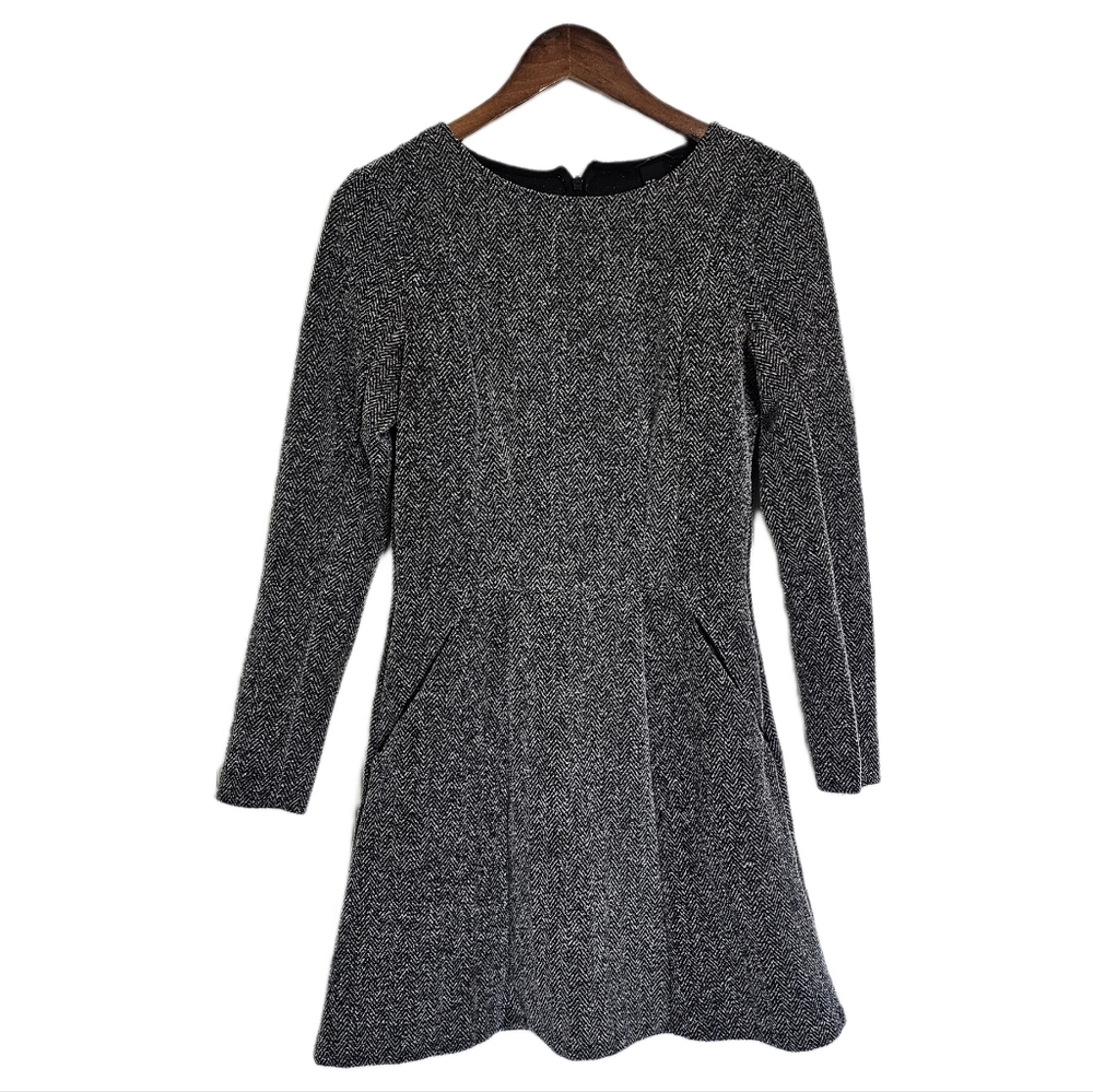 H&M Herringbone Tweed Grey Long Sleeve A-line Dress Size 8